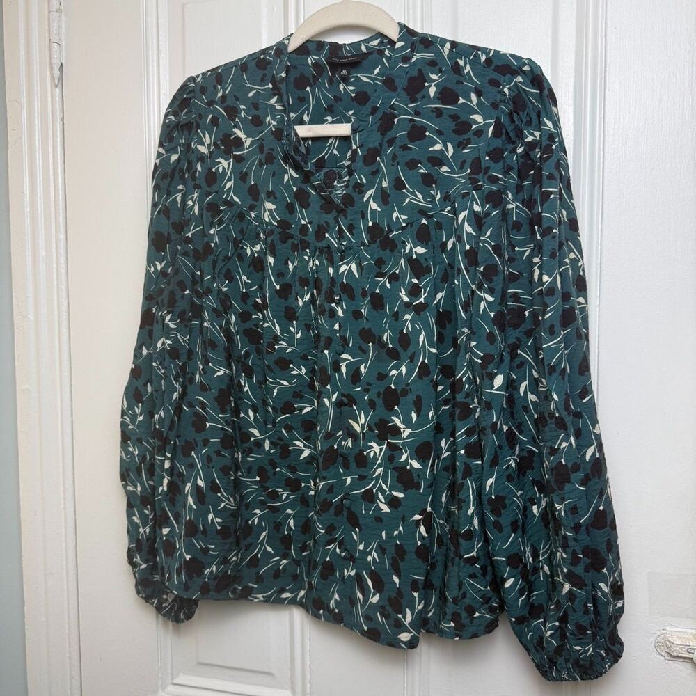 WHO WHAT WEAR Dark Green Floral Blouse Womens XL Career Flowy Button Front